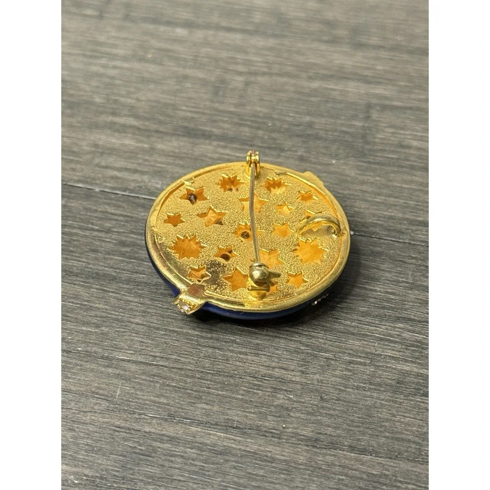 Crystal Blue Celestial Moon & Stars Gold Tone Brooch Pendant Vintage